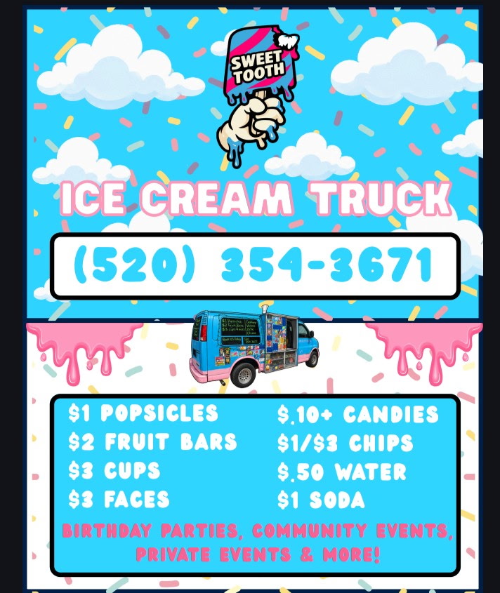 Sweet Tooth Ice Cream Truck flyer with menu prices