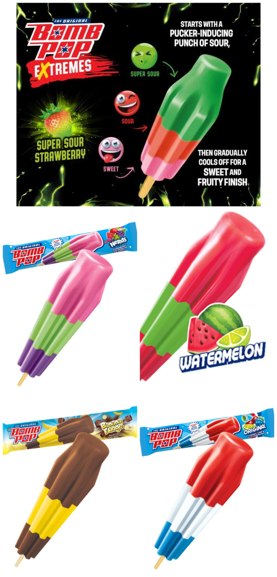 Bomb Pop flavors including watermelon, banana fudge, Nerds and original